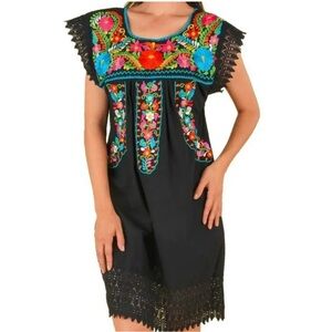 HANDMADE Embroidered Black Mexican Dress NWOT